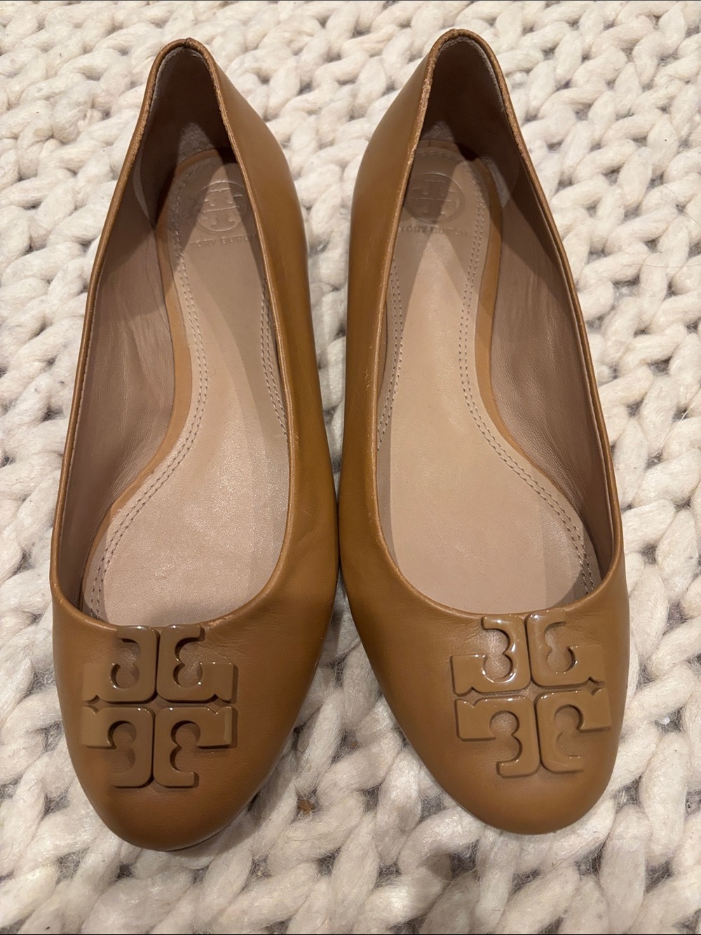 Tory Burch Camel Leather Logo Ballet Flats